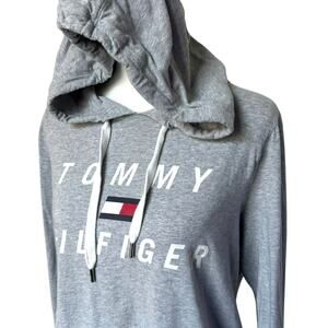 TOMMY HILFIGER Women's Large Gray Sport Pullover Hoodie Sweatshirt Roll Tab Logo